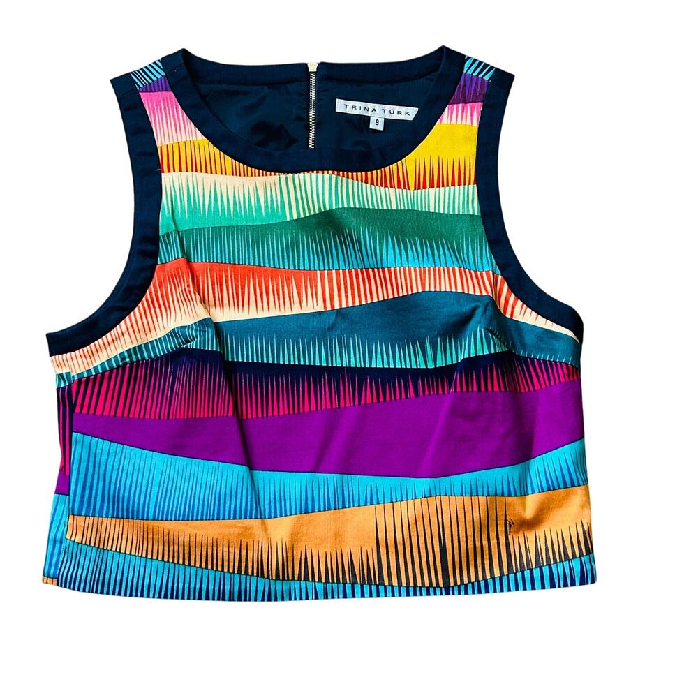 Trina Turk Sleeveless Blouse Colorful Geometric Tank Top Zip Up Round Neck 8